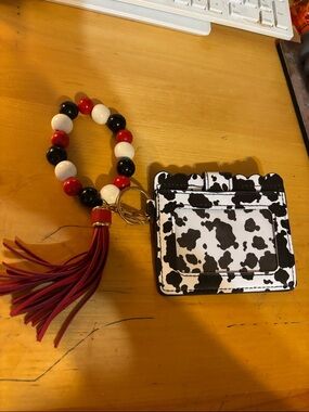 Dell Black White Cowprint Cardholder with Red Beaded Tassel Keychain